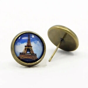 Artisan Eiffel Tower Paris France Travel Antiqued Brass Stud Earrings